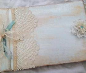 Boys Christening Guestbook Photo Album - Blue and Ivory vintage shabby chic style